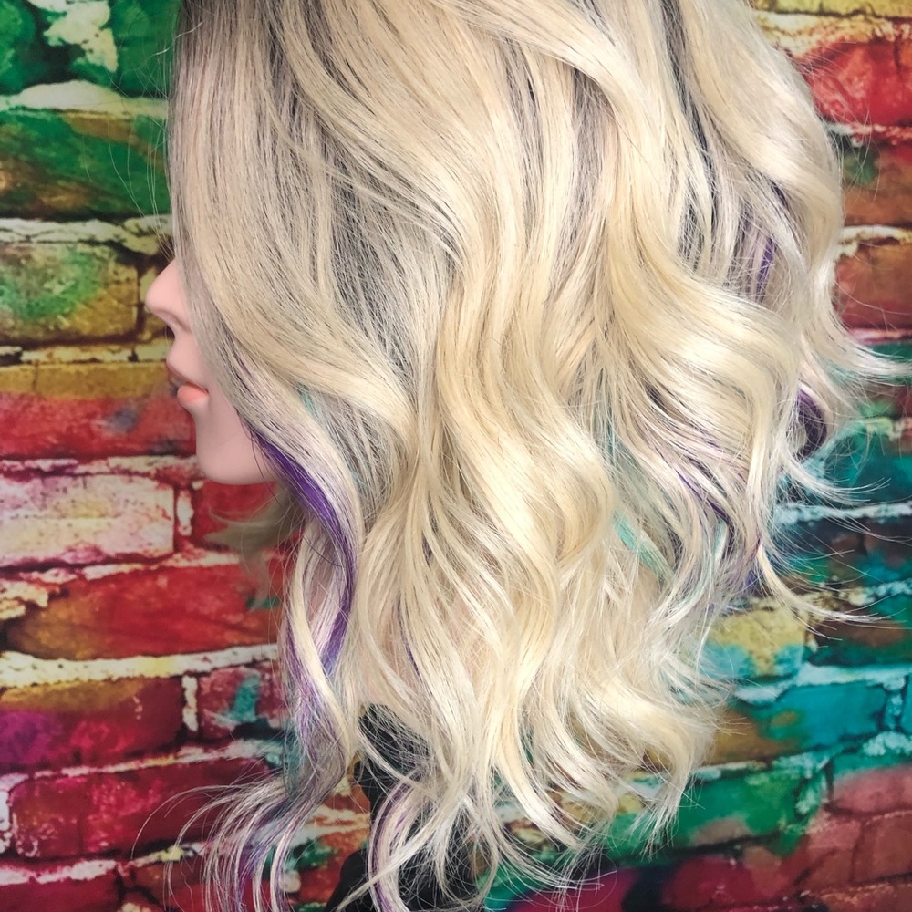 Blonde purple green highlights wig